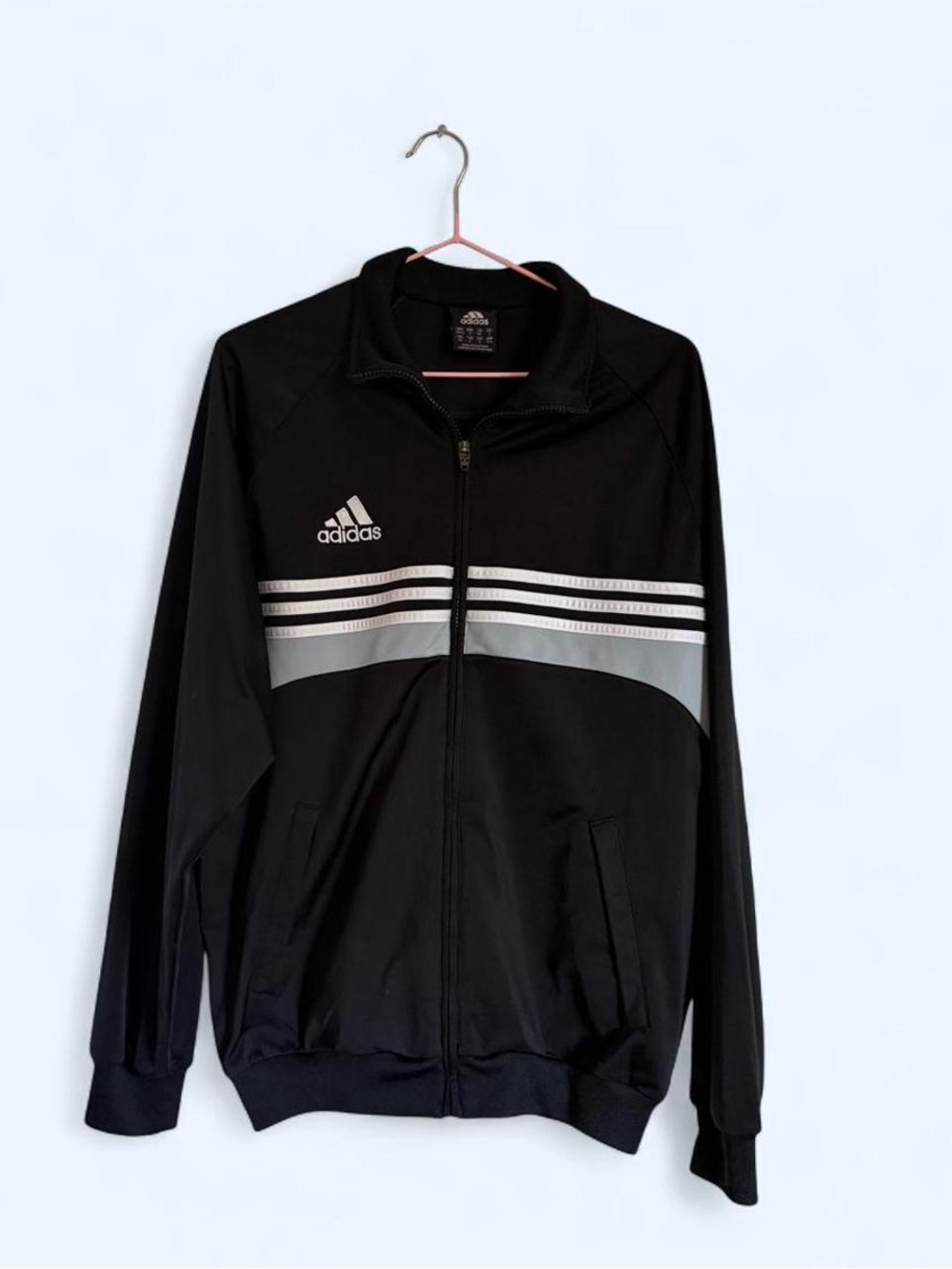adidas Black Track Jacket with Gray and White Stripe Details